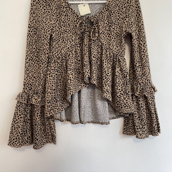 NEW NWT PEACH LOVE CALIFORNIA Tan Brown Black Dotted Long Bell Sleeve Blouse S - Picture 9 of 14